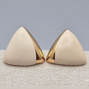 Monet Gold Tone Cream Enamel Triangle Stud Earrings Designer Vintage Classic
